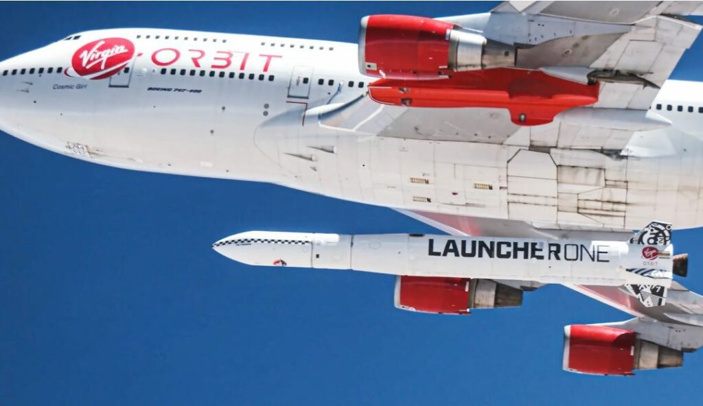 LauncherOne under Boeing 747 Cosmic Girl. Courtesy: Virgin Orbit/Greg Robinson