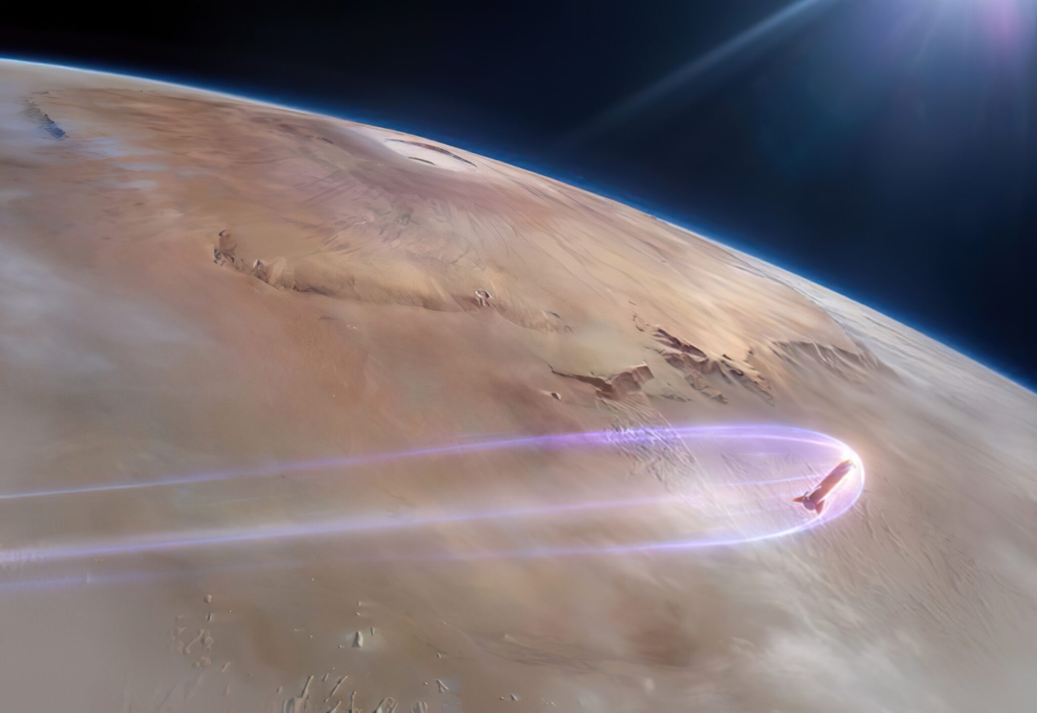 Artist's rendition of Starship entry into Mars atmosphere